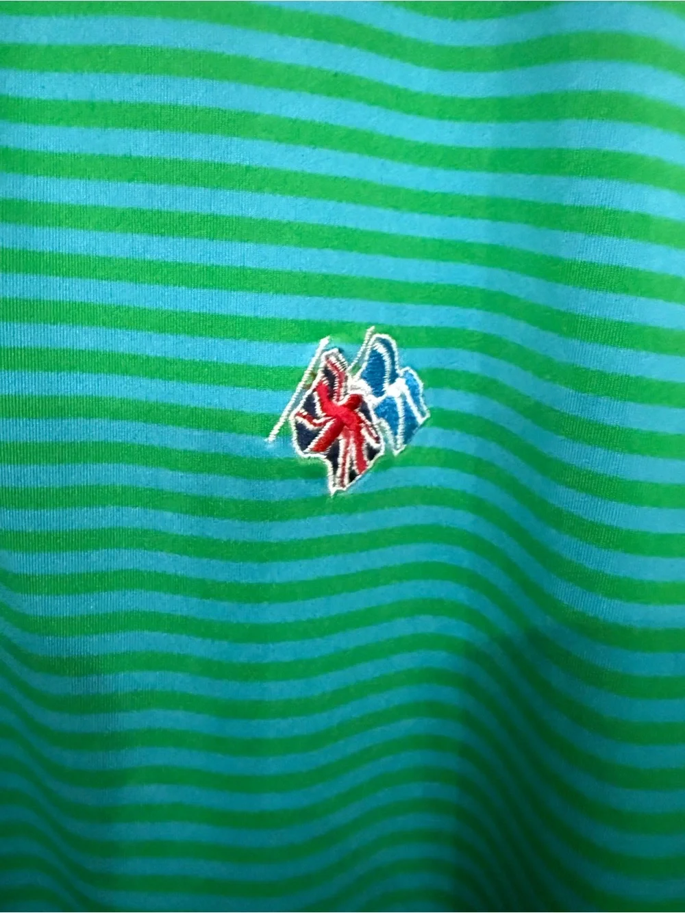 RLX Ralph Lauren Men’s XL Golf Polo Green Blue Stripe Union Jack Crossed Flags